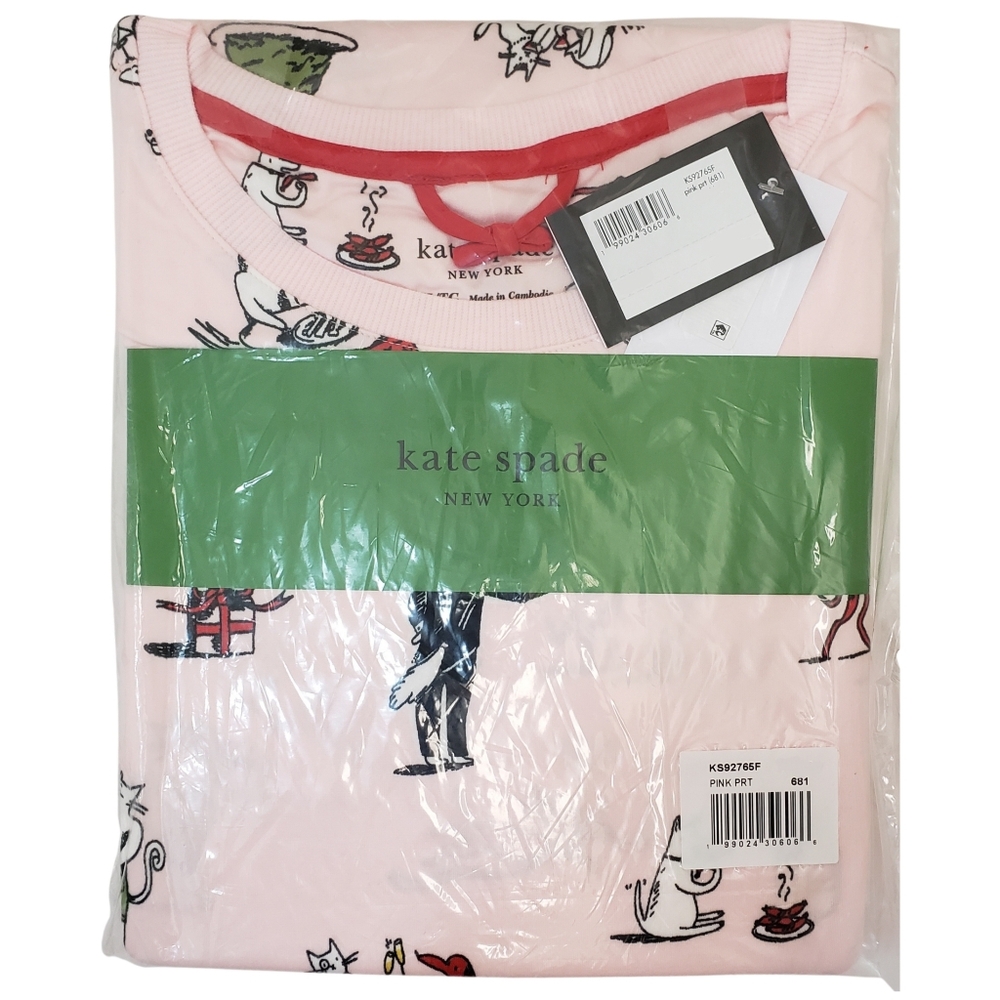 Kate Spade Pajama Set Holiday Party Large Pink Print Top & Pants NWT 🥂